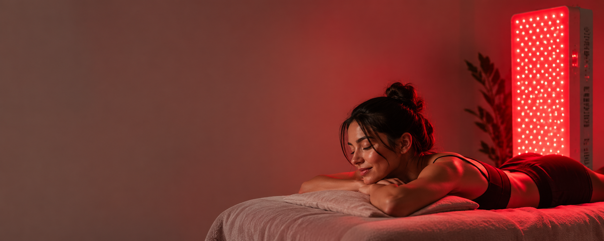 Woman relaxing beside a red light wellness panel